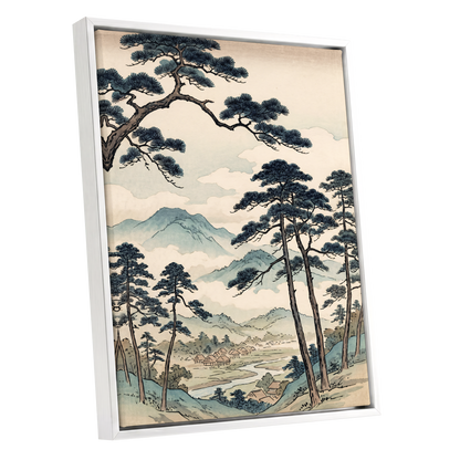 Mountain Hamlet Hush, blue, beige, black nature wall art shown as a white framed canvas wall art