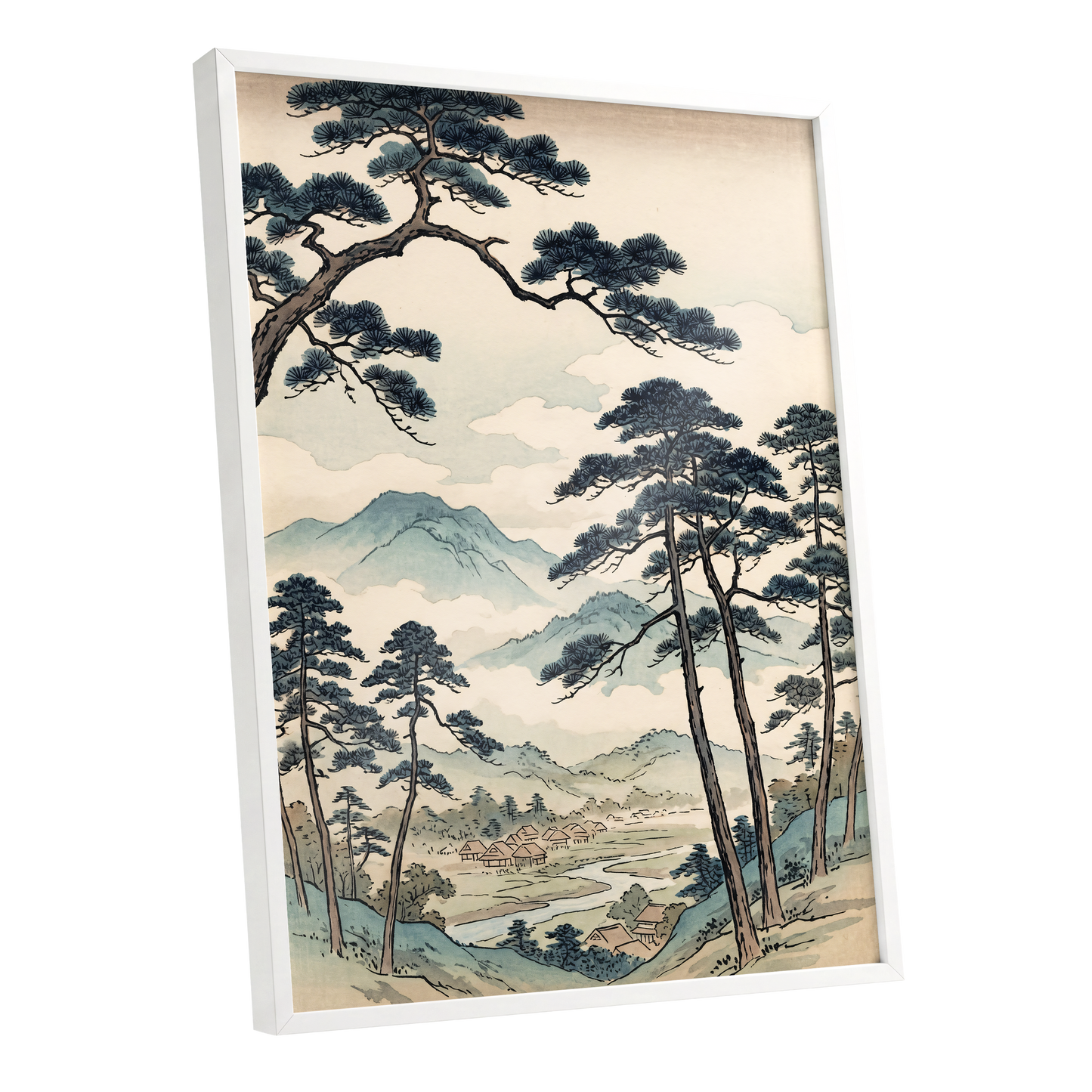 Mountain Hamlet Hush, blue, beige, black nature wall art shown as a white framed poster wall art print