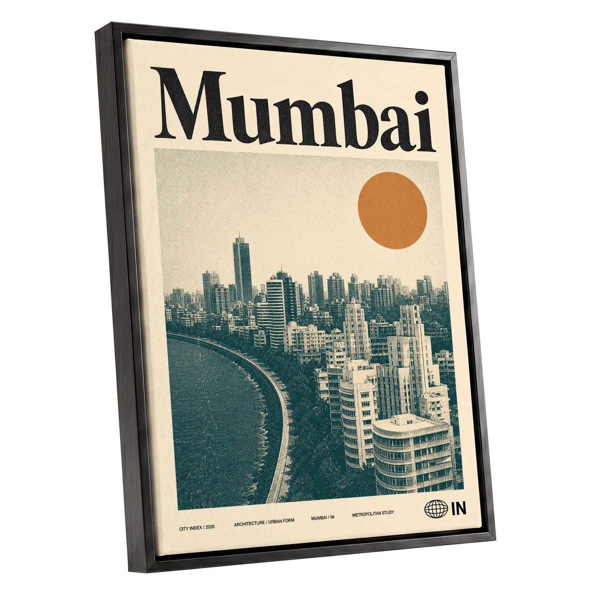 Mumbai Modernist, beige, green, orange minimalist wall art shown as a black framed canvas wall art