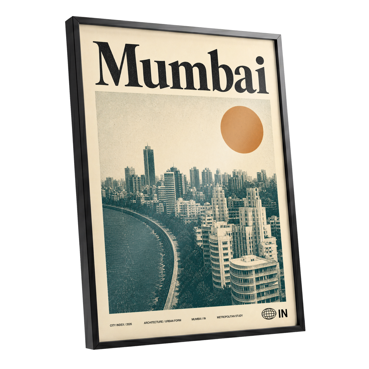 Mumbai Modernist, beige, green, orange minimalist wall art shown as a black framed poster wall art print