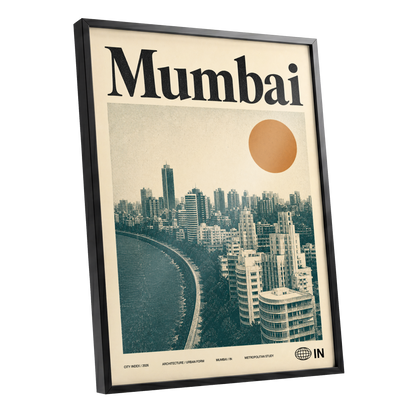 Mumbai Modernist, beige, green, orange minimalist wall art shown as a black framed poster wall art print
