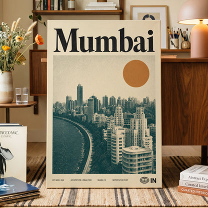 Mumbai Modernist, beige, green, orange minimalist wall art on canvas displayed in a styled interior, gallery view 1