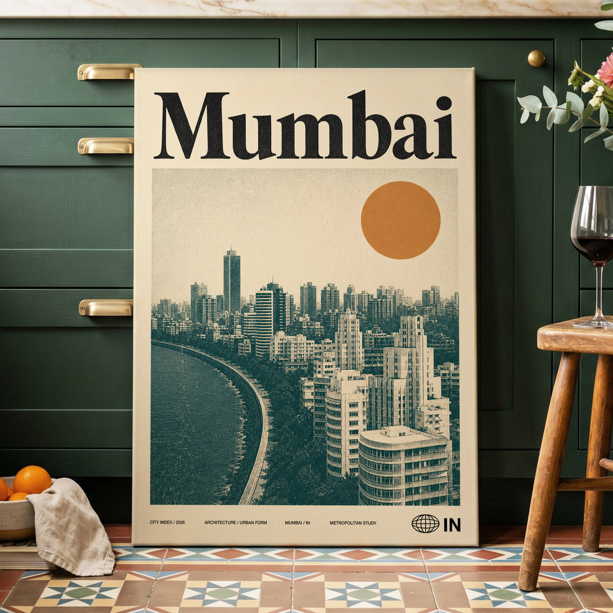 Mumbai Modernist, beige, green, orange minimalist wall art on canvas displayed in a styled interior, gallery view 2