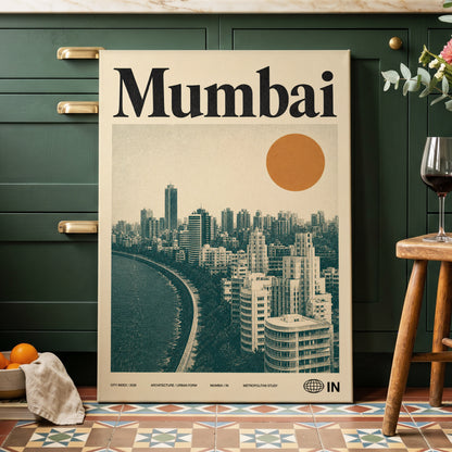Mumbai Modernist, beige, green, orange minimalist wall art on canvas displayed in a styled interior, gallery view 2