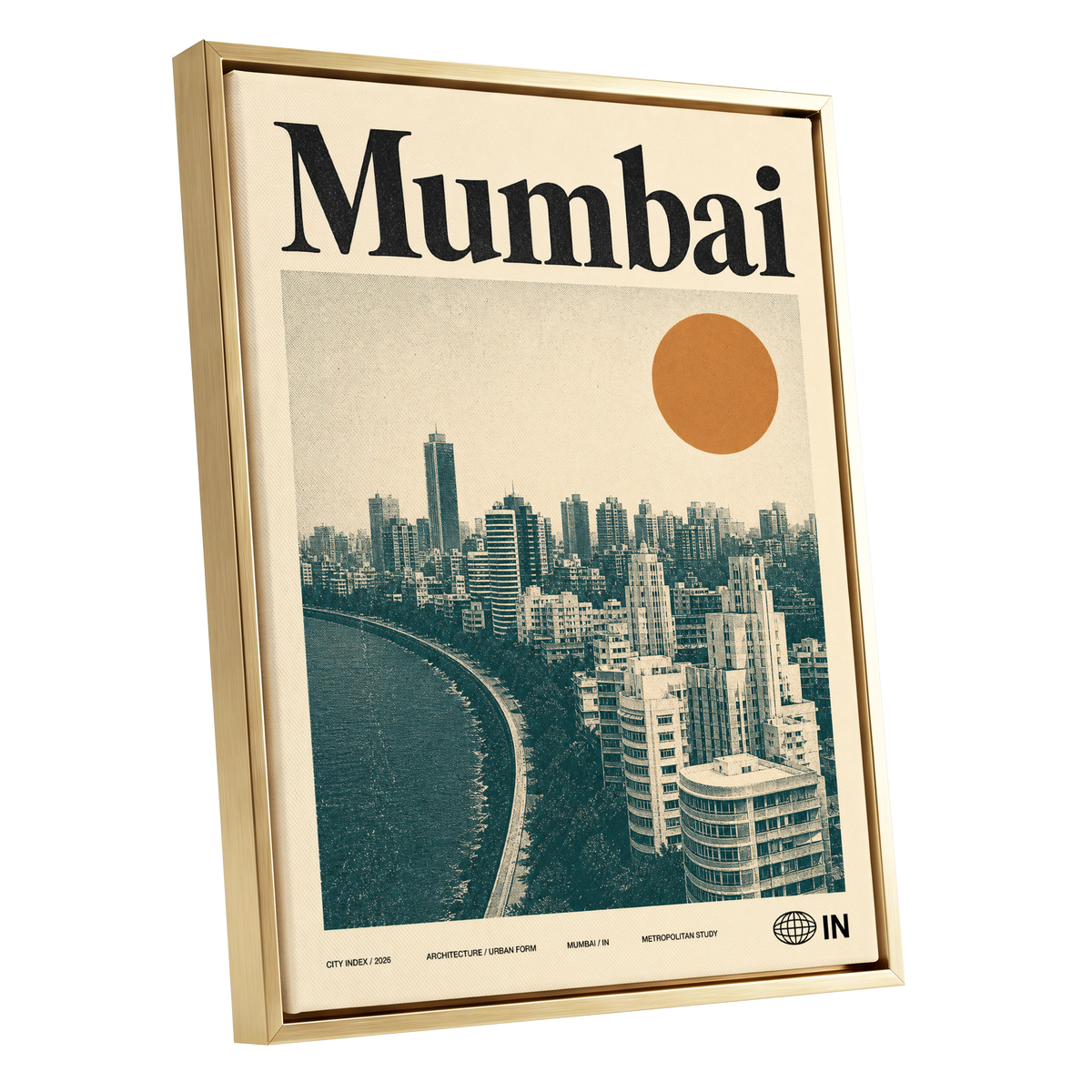 Mumbai Modernist, beige, green, orange minimalist wall art shown as a gold framed canvas wall art
