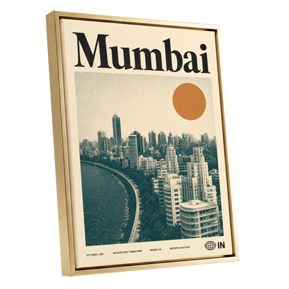 Mumbai Modernist, beige, green, orange minimalist wall art shown as a gold framed canvas wall art