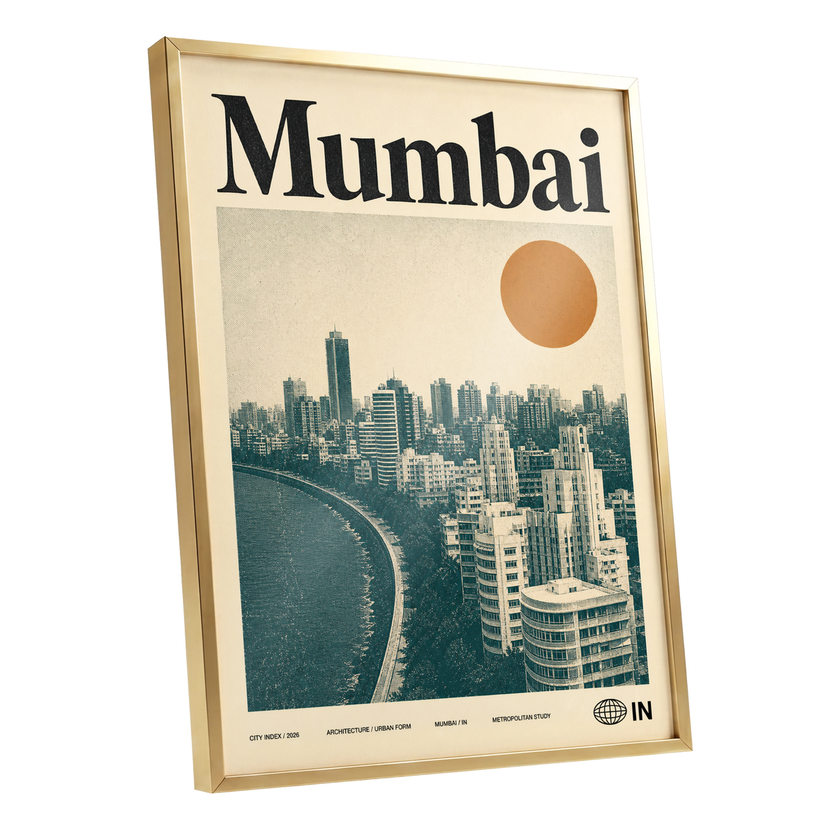 Mumbai Modernist, beige, green, orange minimalist wall art shown as a gold framed poster wall art print