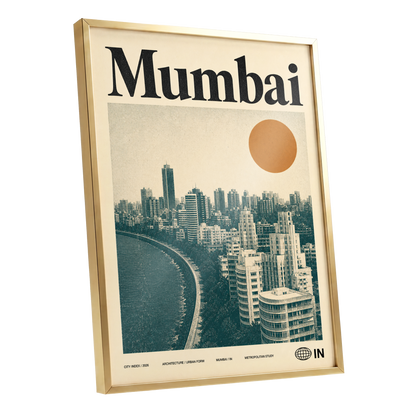 Mumbai Modernist, beige, green, orange minimalist wall art shown as a gold framed poster wall art print