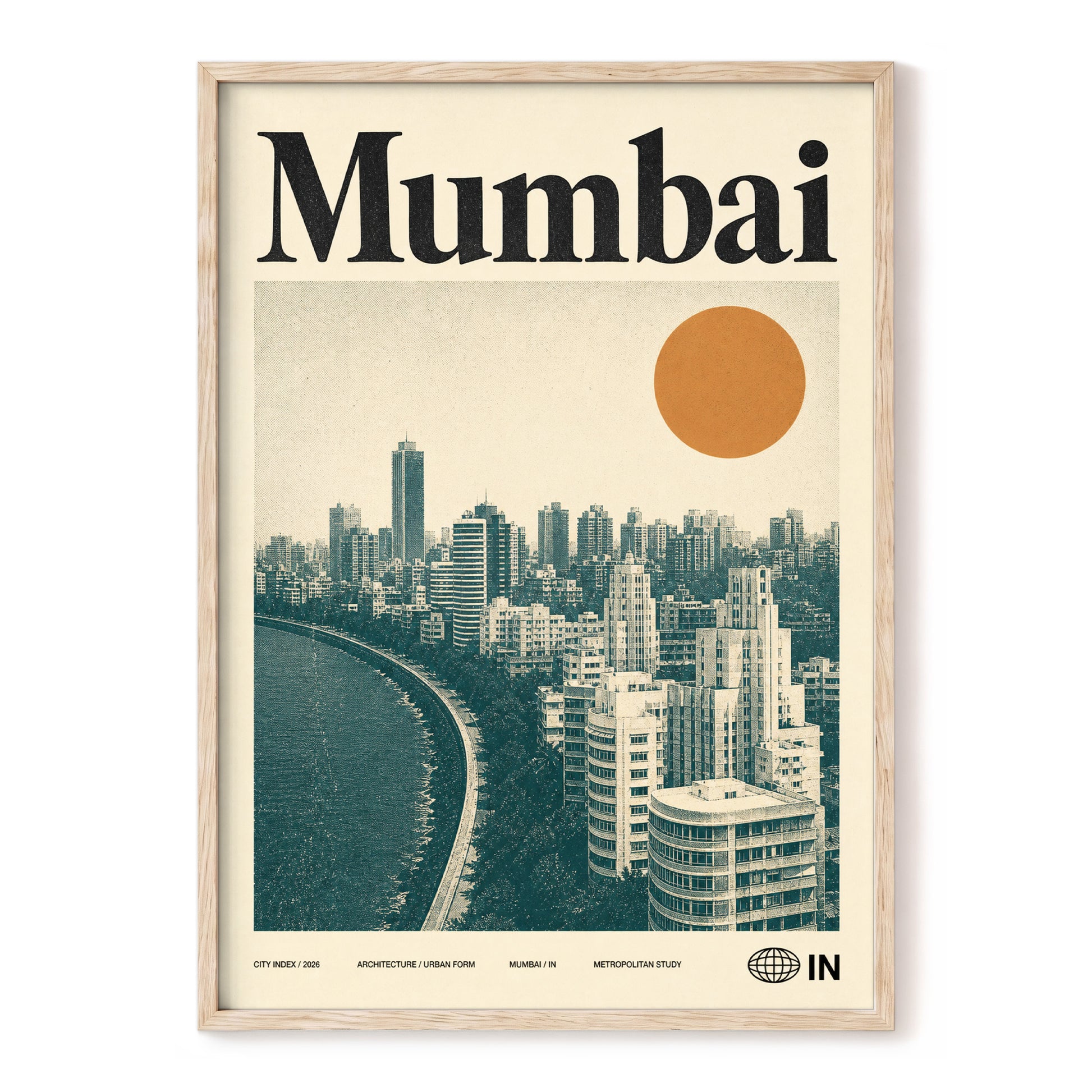 Mumbai Modernist, beige, green, orange minimalist wall art, front artwork view