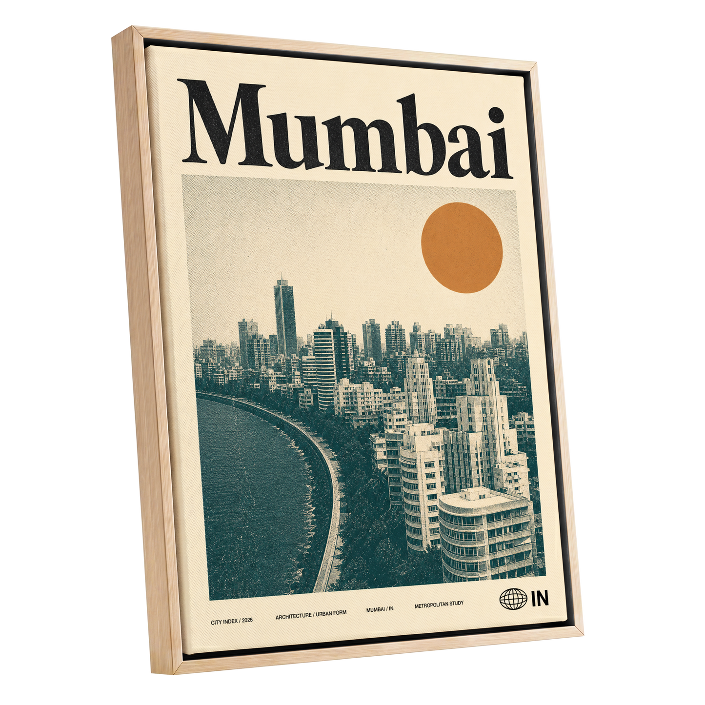 Mumbai Modernist, beige, green, orange minimalist wall art shown as a oak framed canvas wall art