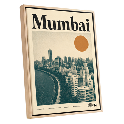 Mumbai Modernist, beige, green, orange minimalist wall art shown as a oak framed canvas wall art