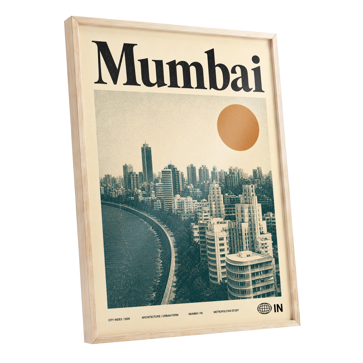 Mumbai Modernist, beige, green, orange minimalist wall art shown as a oak framed poster wall art print