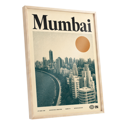 Mumbai Modernist, beige, green, orange minimalist wall art shown as a oak framed poster wall art print