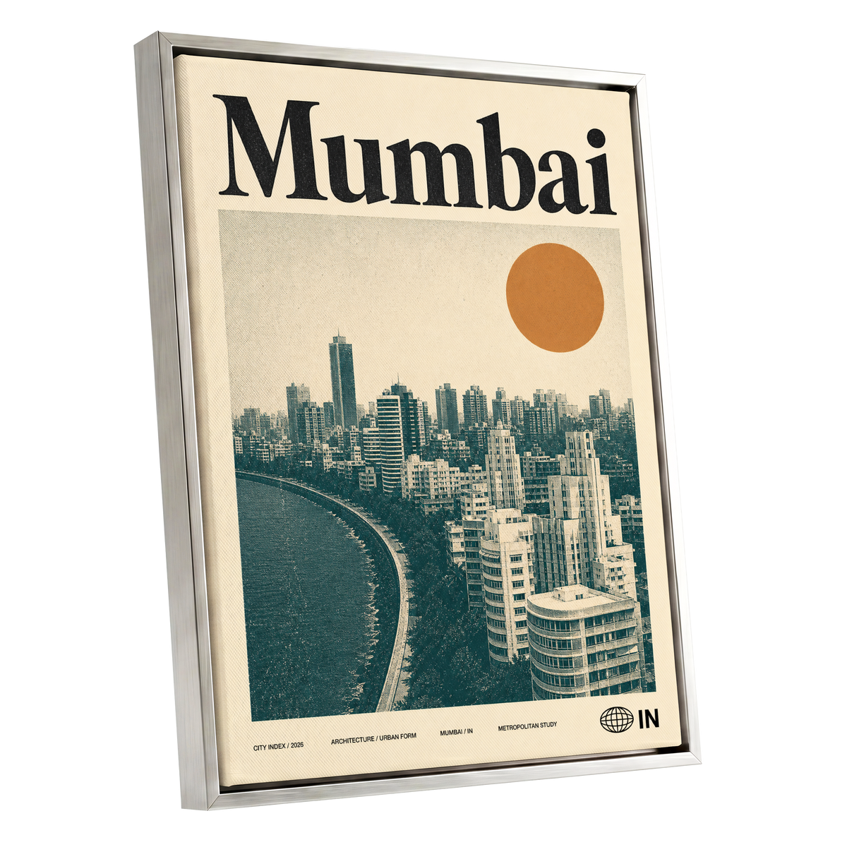 Mumbai Modernist, beige, green, orange minimalist wall art shown as a silver framed canvas wall art