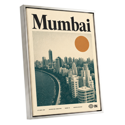 Mumbai Modernist, beige, green, orange minimalist wall art shown as a silver framed canvas wall art