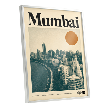 Mumbai Modernist, beige, green, orange minimalist wall art shown as a silver framed poster wall art print