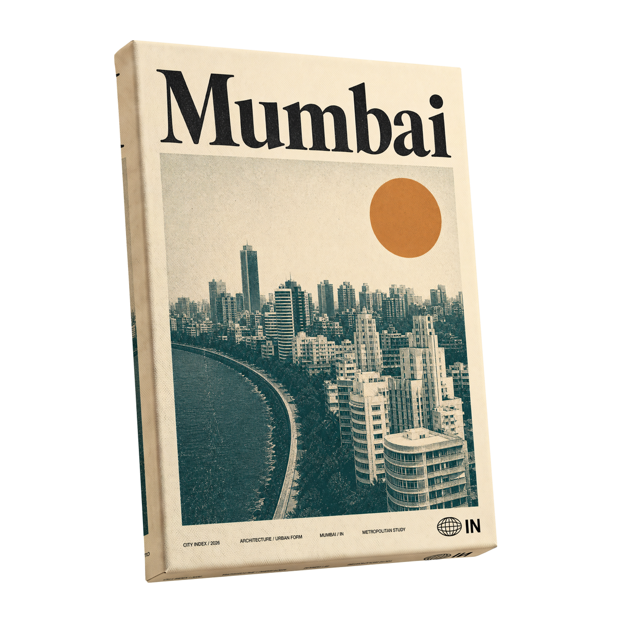 Mumbai Modernist, beige, green, orange minimalist wall art shown as a stretched canvas wall art