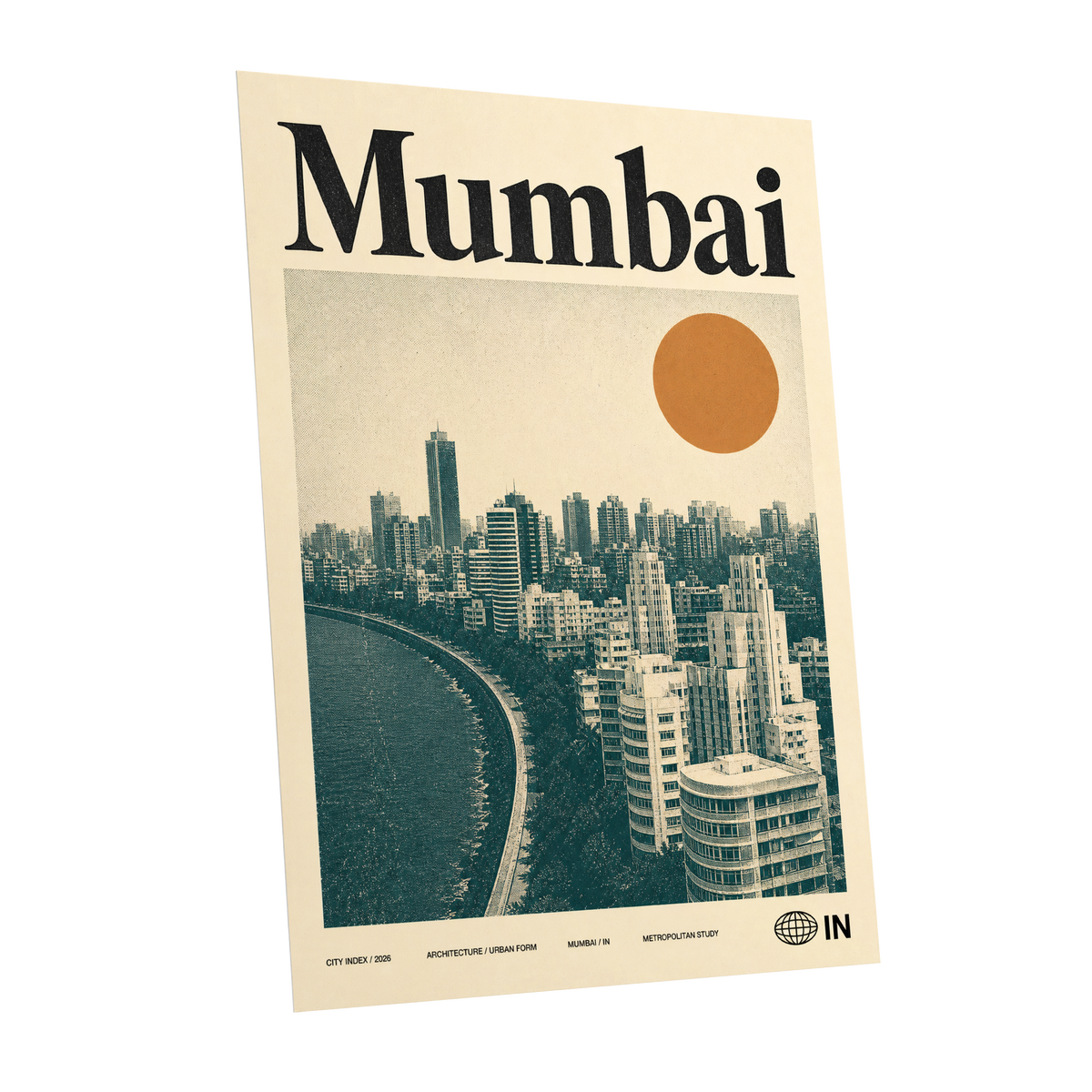 Mumbai Modernist, beige, green, orange minimalist wall art shown as a unframed poster wall art print
