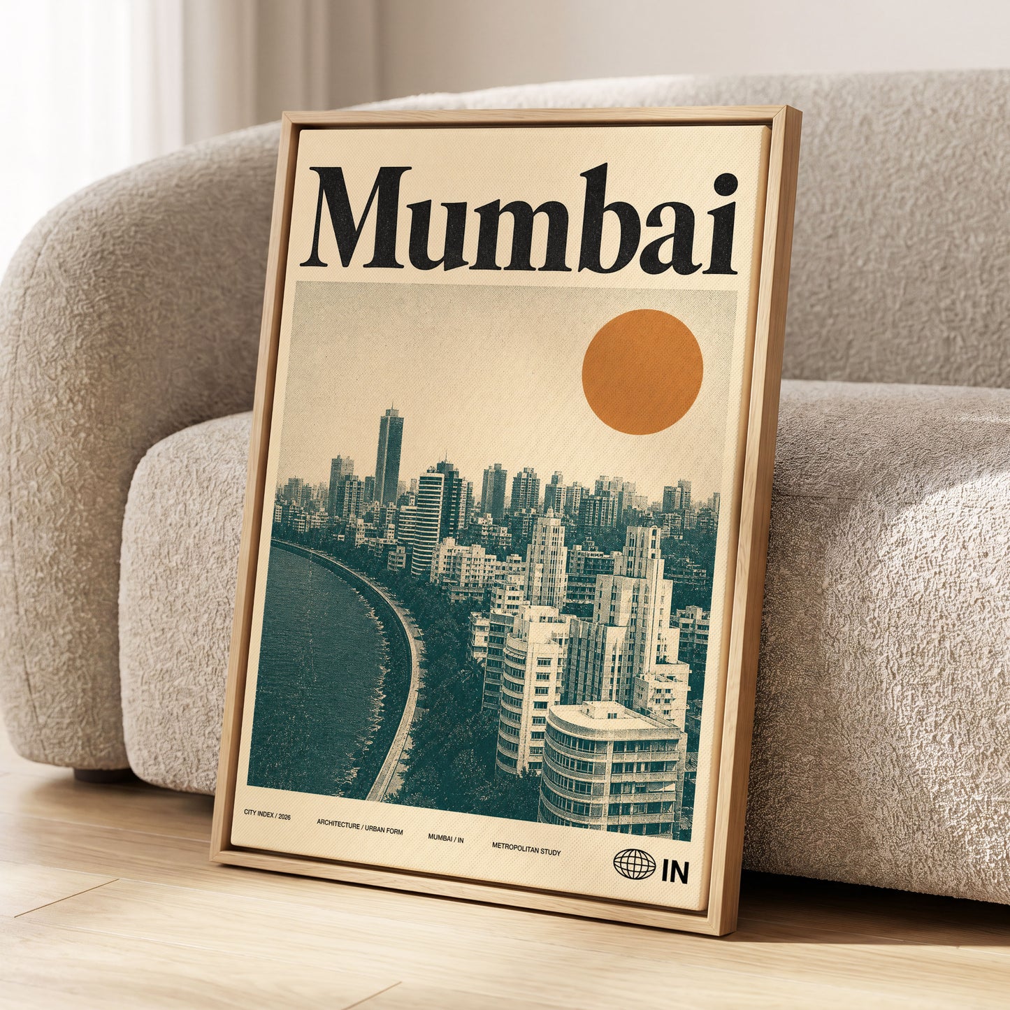 Mumbai Modernist, beige, green, orange minimalist wall art displayed in a styled interior, gallery view 1