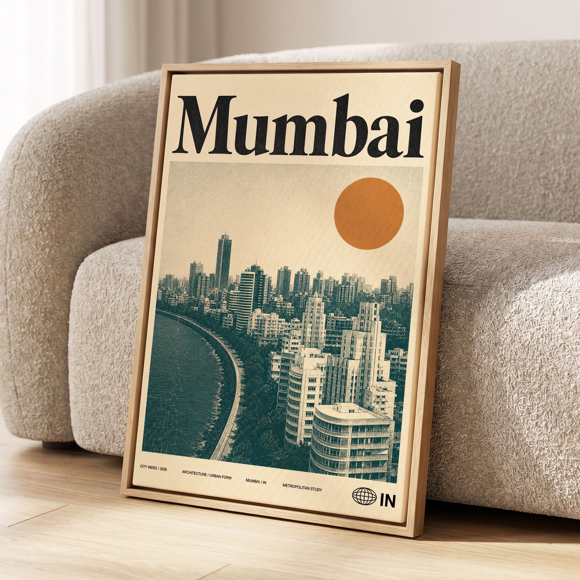 Mumbai Modernist, beige, green, orange minimalist wall art displayed in a styled interior, gallery view 1