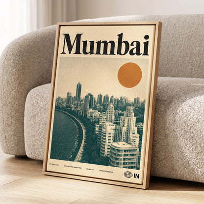 Mumbai Modernist, beige, green, orange minimalist wall art displayed in a styled interior, gallery view 1