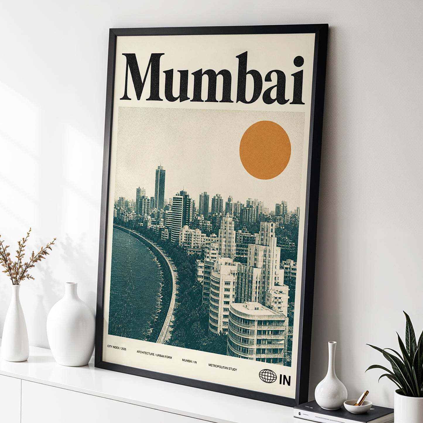 Mumbai Modernist, beige, green, orange minimalist wall art displayed in a styled interior, gallery view 2
