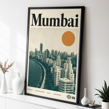 Mumbai Modernist, beige, green, orange minimalist wall art displayed in a styled interior, gallery view 2