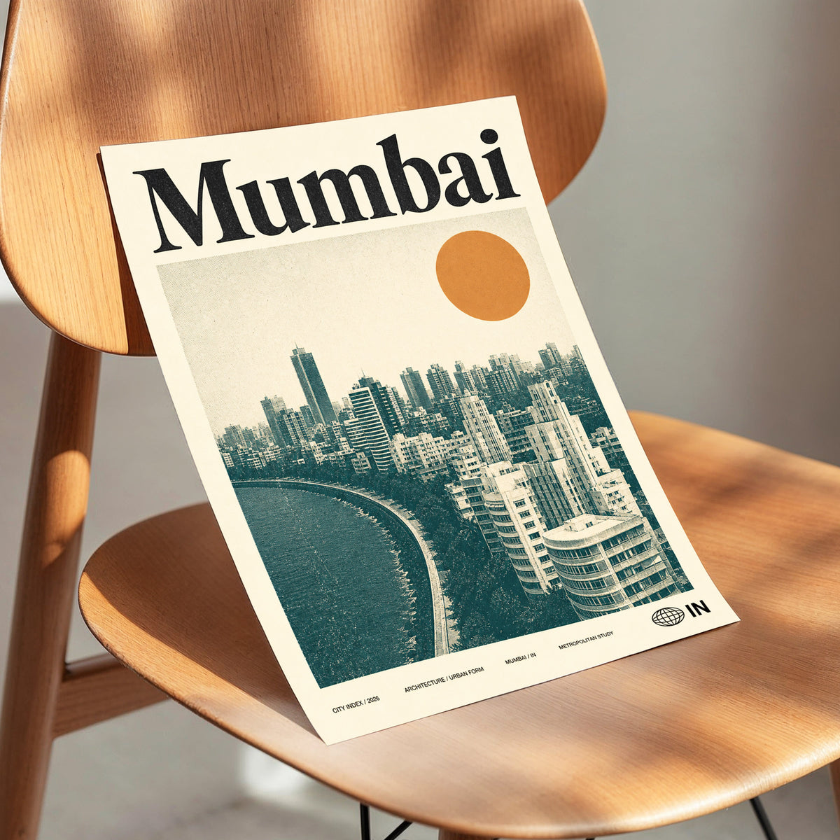 Mumbai Modernist, beige, green, orange minimalist wall art displayed in a styled interior, gallery view 3