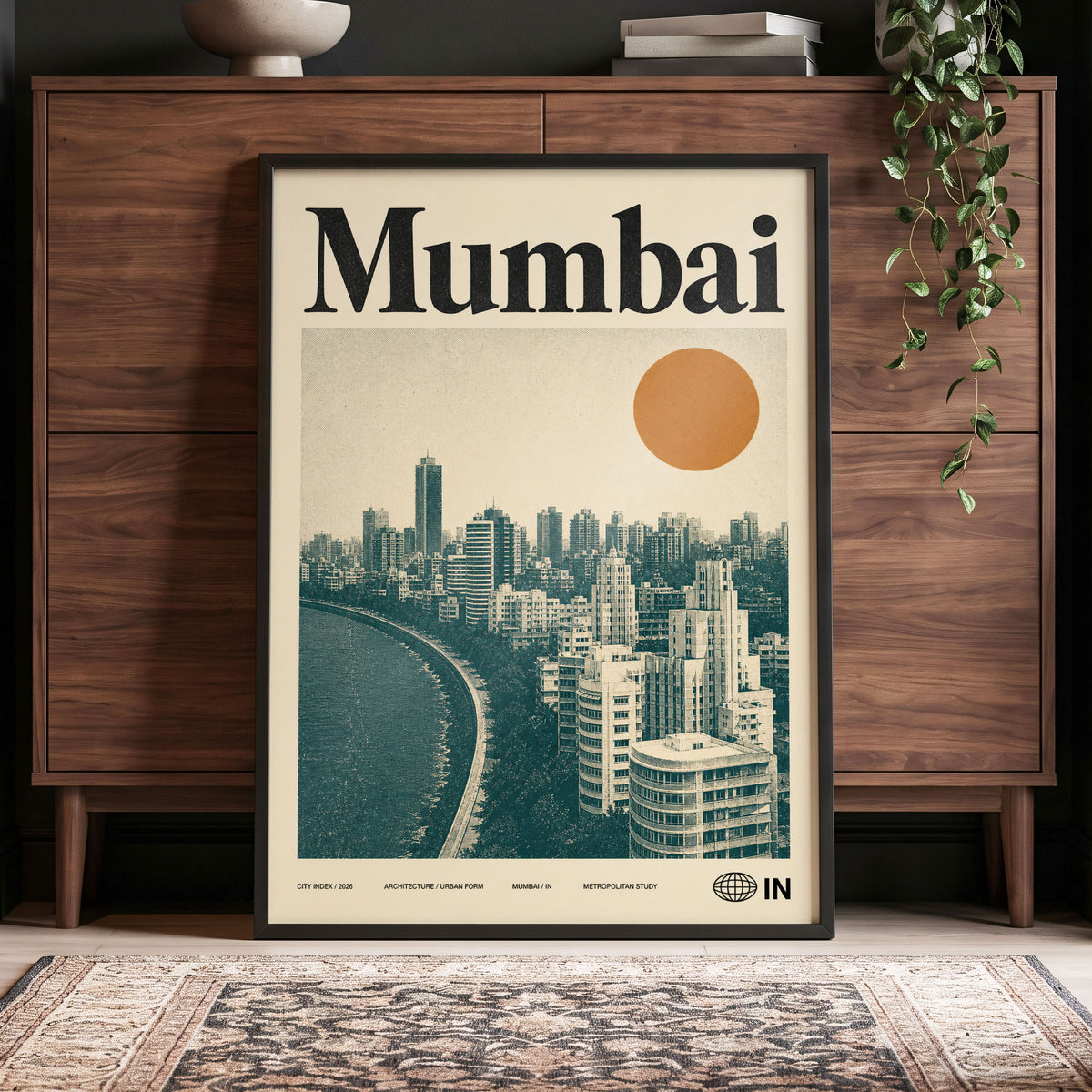 Mumbai Modernist, beige, green, orange minimalist wall art displayed in a styled interior, gallery view 4