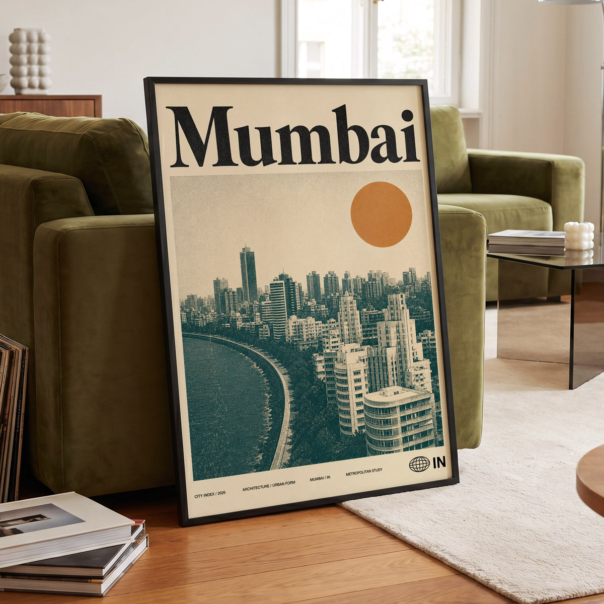 Mumbai Modernist, beige, green, orange minimalist wall art displayed in a styled interior, gallery view 6