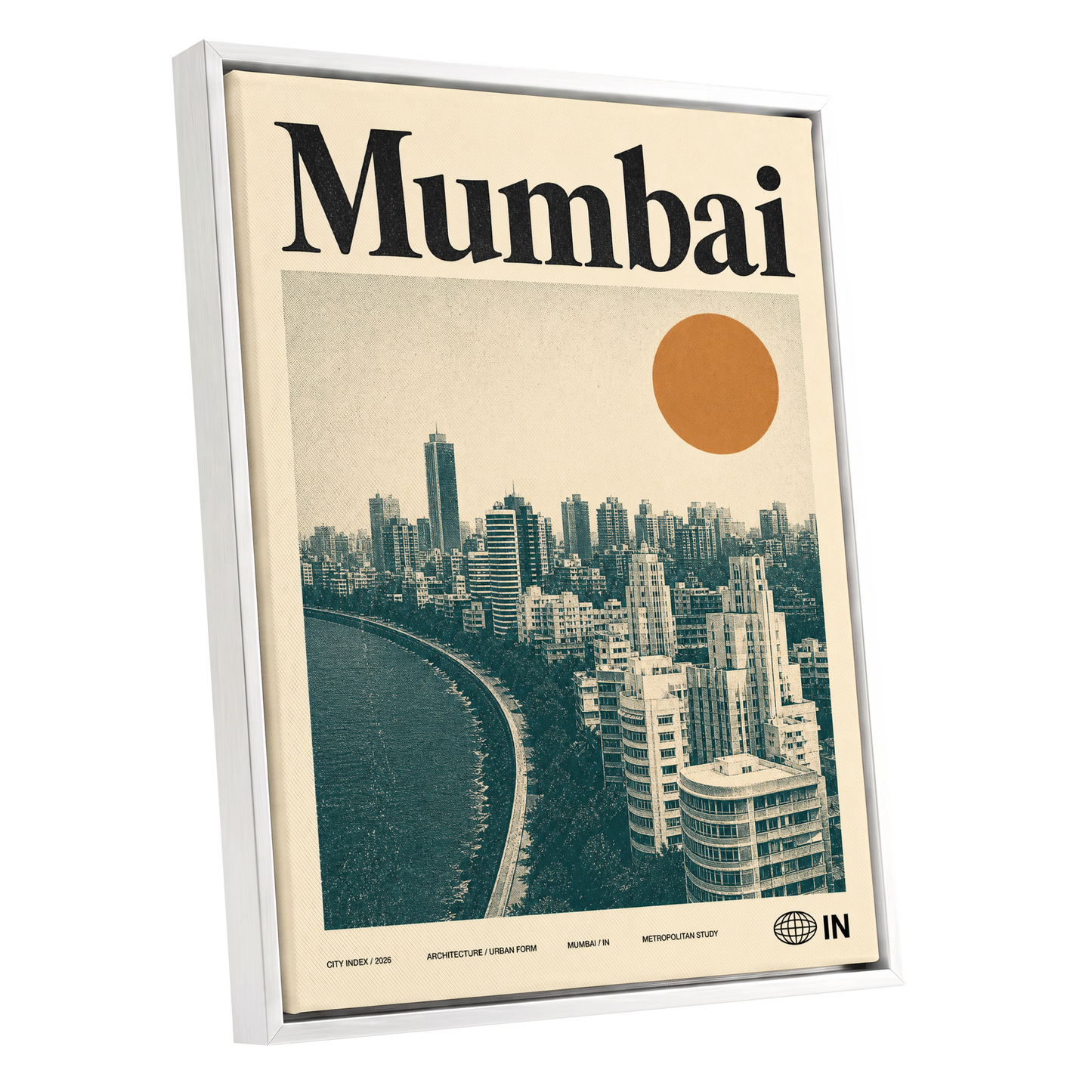 Mumbai Modernist, beige, green, orange minimalist wall art shown as a white framed canvas wall art
