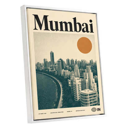 Mumbai Modernist, beige, green, orange minimalist wall art shown as a white framed canvas wall art