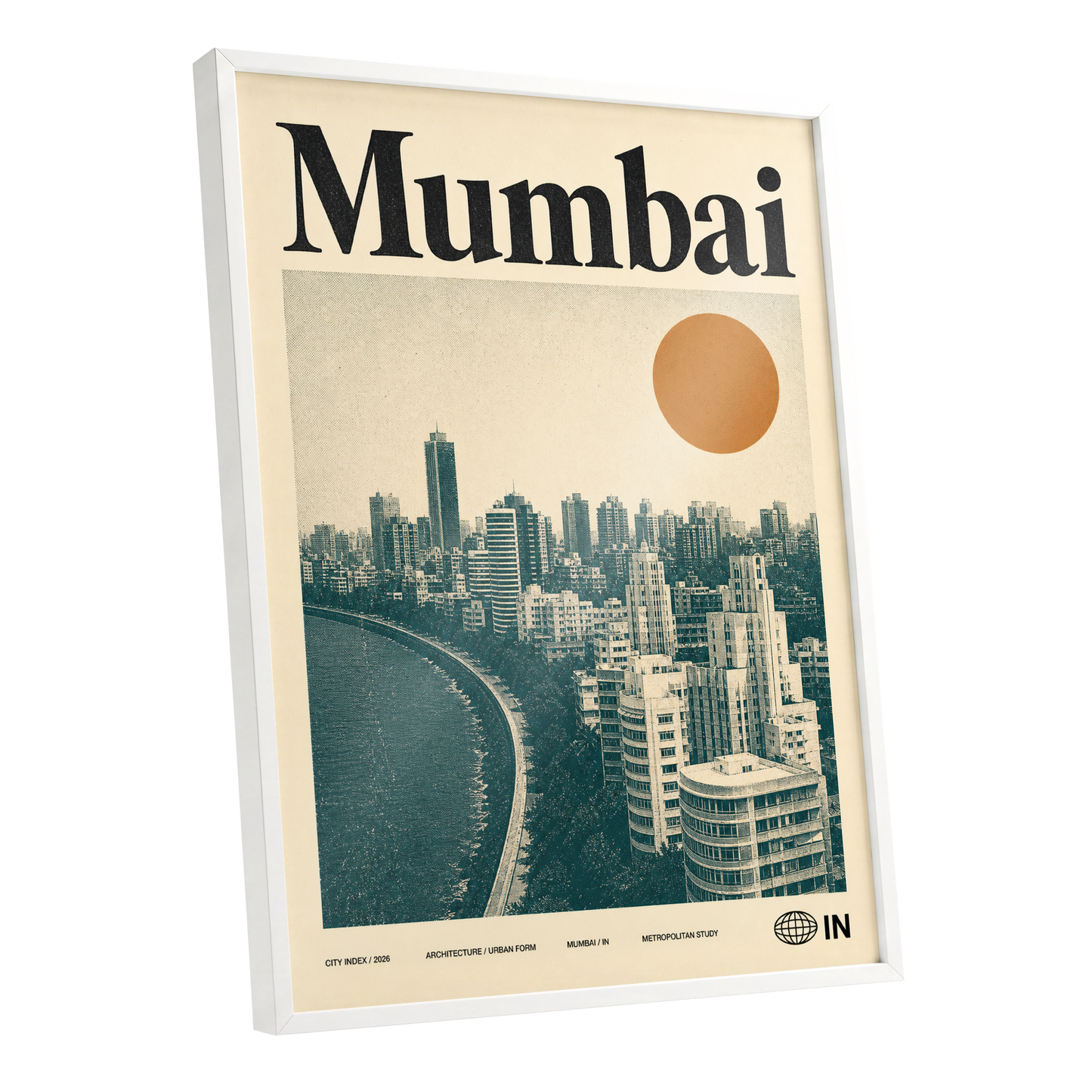 Mumbai Modernist, beige, green, orange minimalist wall art shown as a white framed poster wall art print