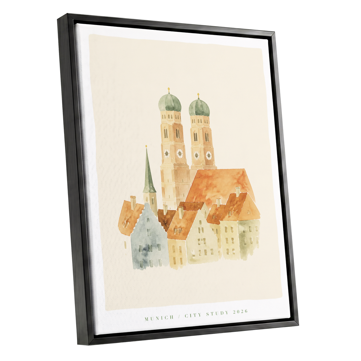Munich in Soft Light, beige, orange, green minimalist wall art shown as a black framed canvas wall art