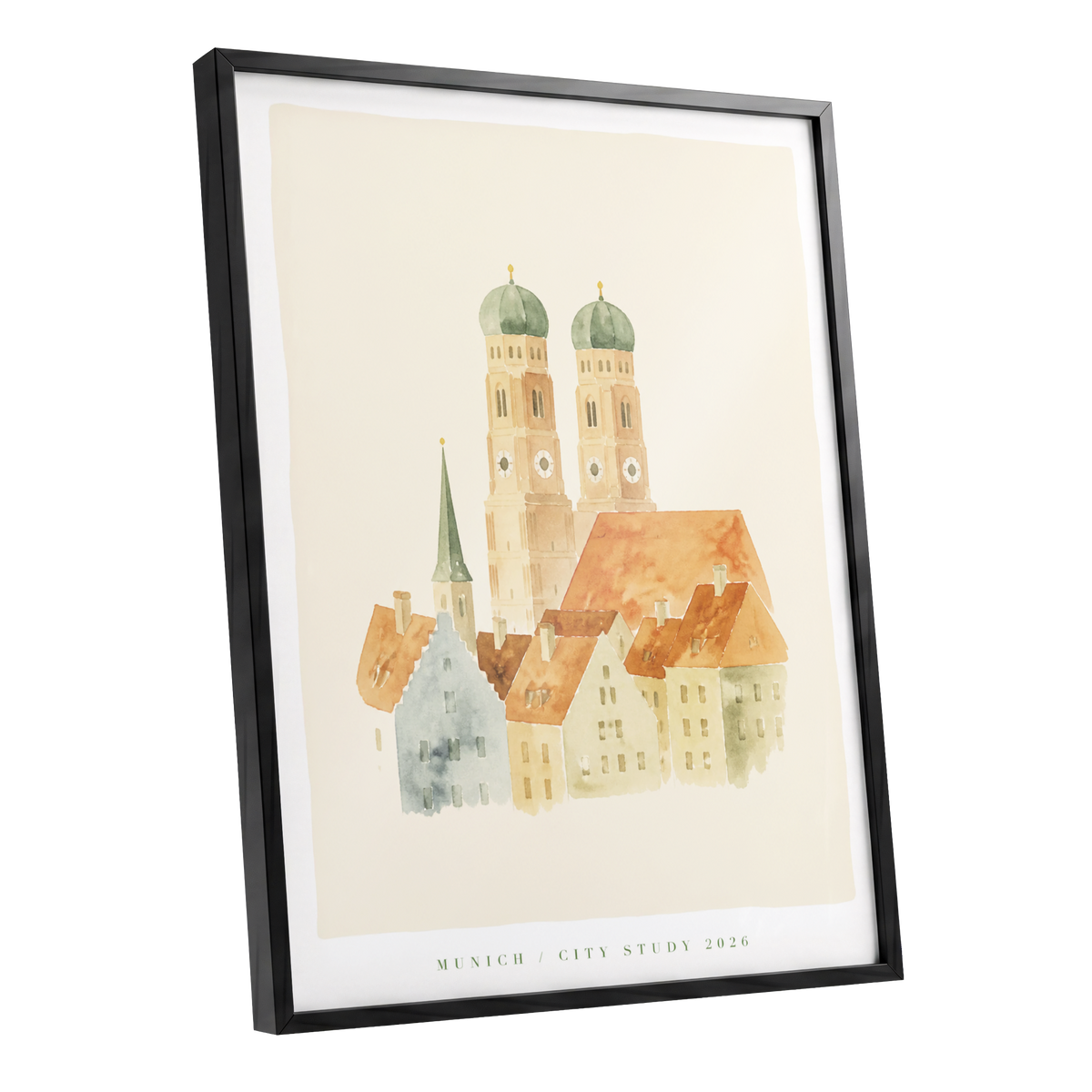 Munich in Soft Light, beige, orange, green minimalist wall art shown as a black framed poster wall art print