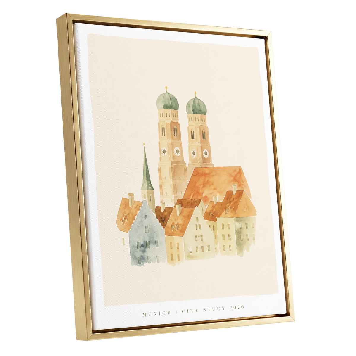 Munich in Soft Light, beige, orange, green minimalist wall art shown as a gold framed canvas wall art