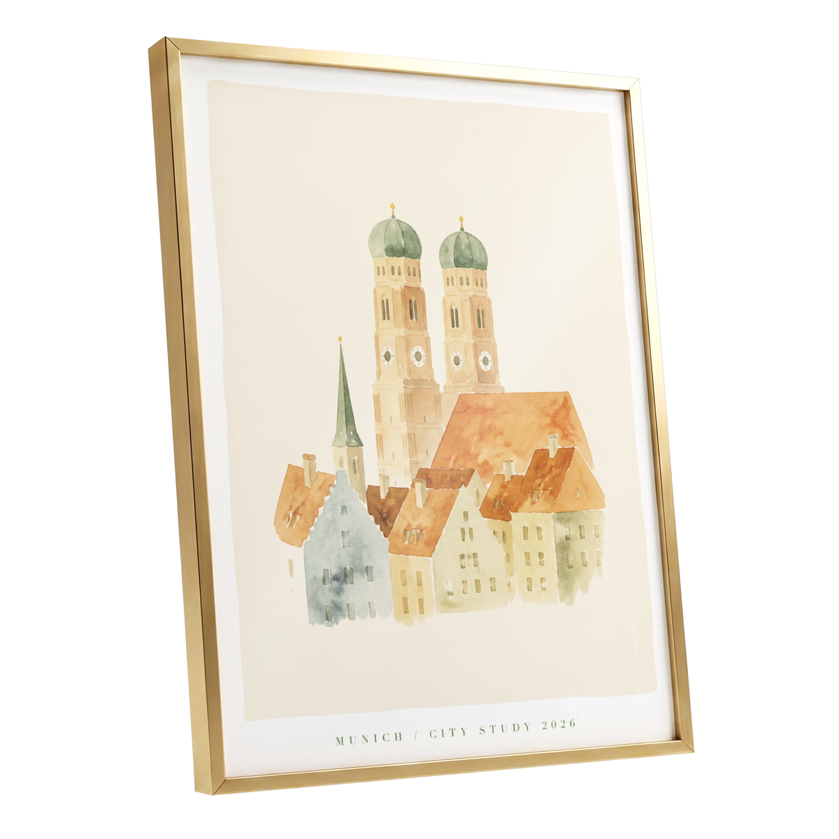 Munich in Soft Light, beige, orange, green minimalist wall art shown as a gold framed poster wall art print