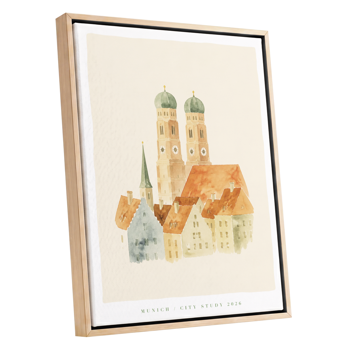 Munich in Soft Light, beige, orange, green minimalist wall art shown as a oak framed canvas wall art