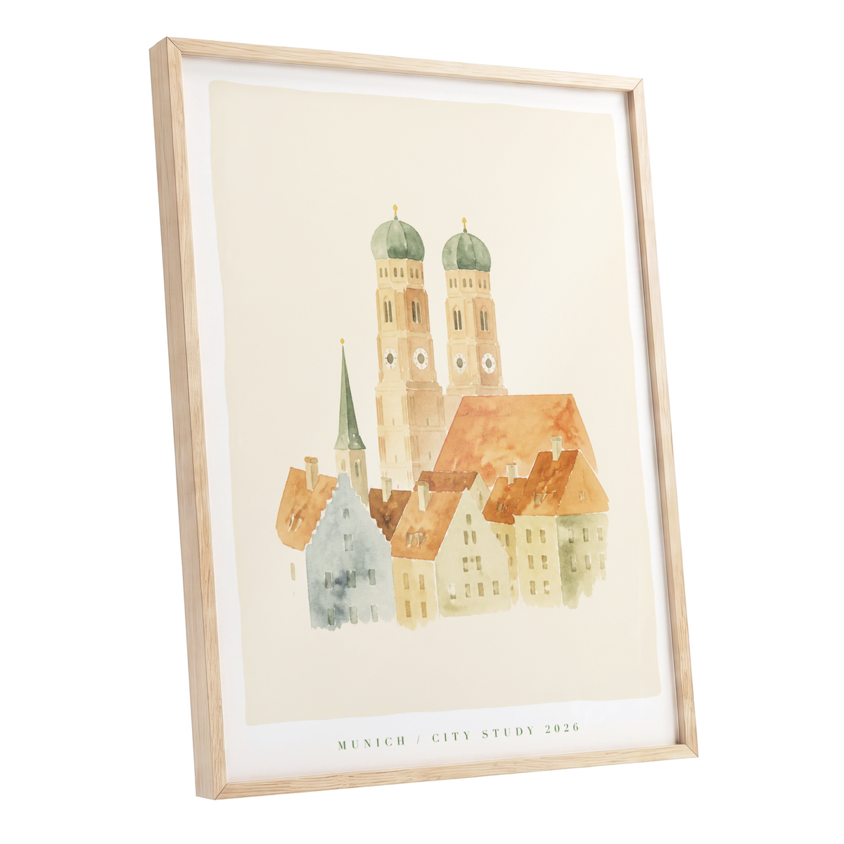 Munich in Soft Light, beige, orange, green minimalist wall art shown as a oak framed poster wall art print