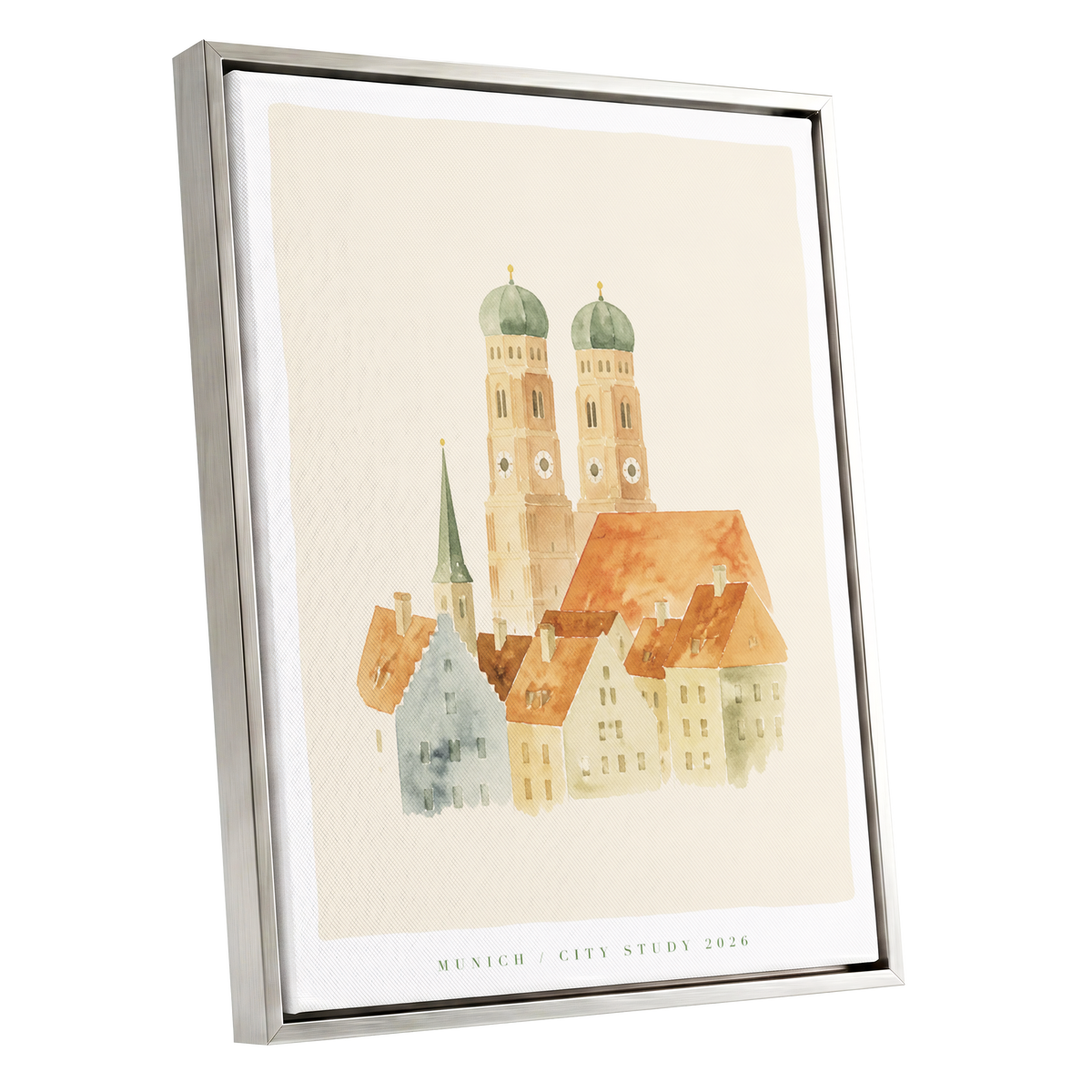 Munich in Soft Light, beige, orange, green minimalist wall art shown as a silver framed canvas wall art