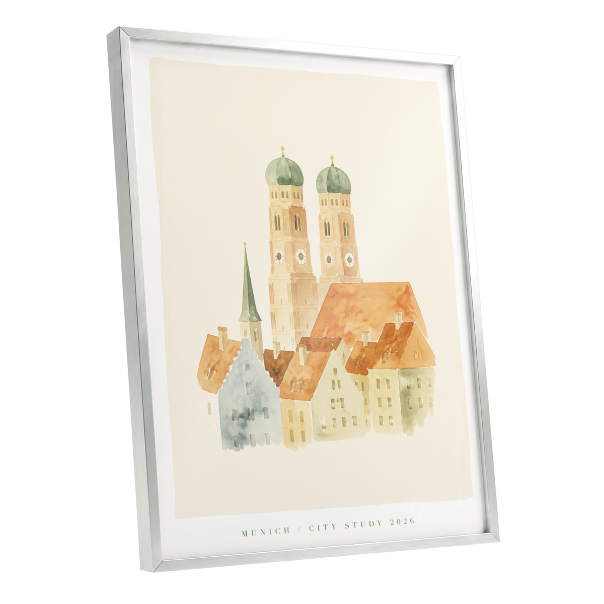 Munich in Soft Light, beige, orange, green minimalist wall art shown as a silver framed poster wall art print