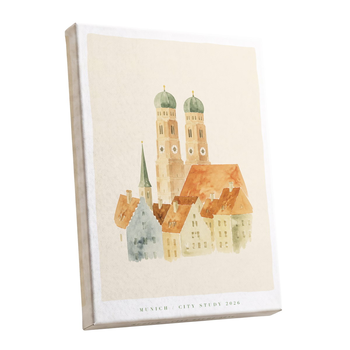 Munich in Soft Light, beige, orange, green minimalist wall art shown as a stretched canvas wall art