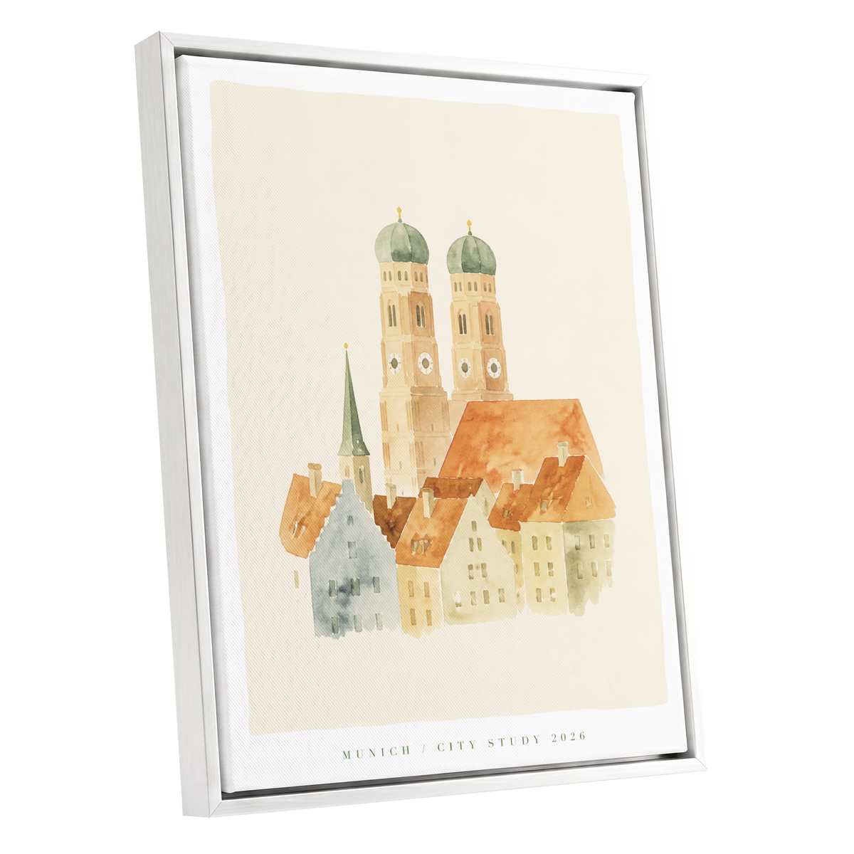 Munich in Soft Light, beige, orange, green minimalist wall art shown as a white framed canvas wall art