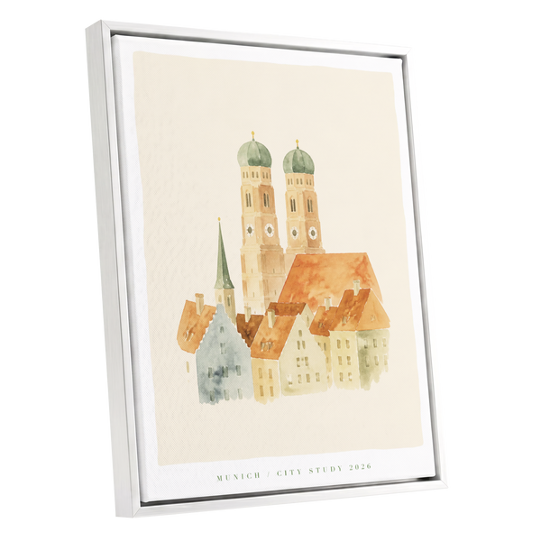 Munich in Soft Light, beige, orange, green minimalist wall art shown as a white framed canvas wall art