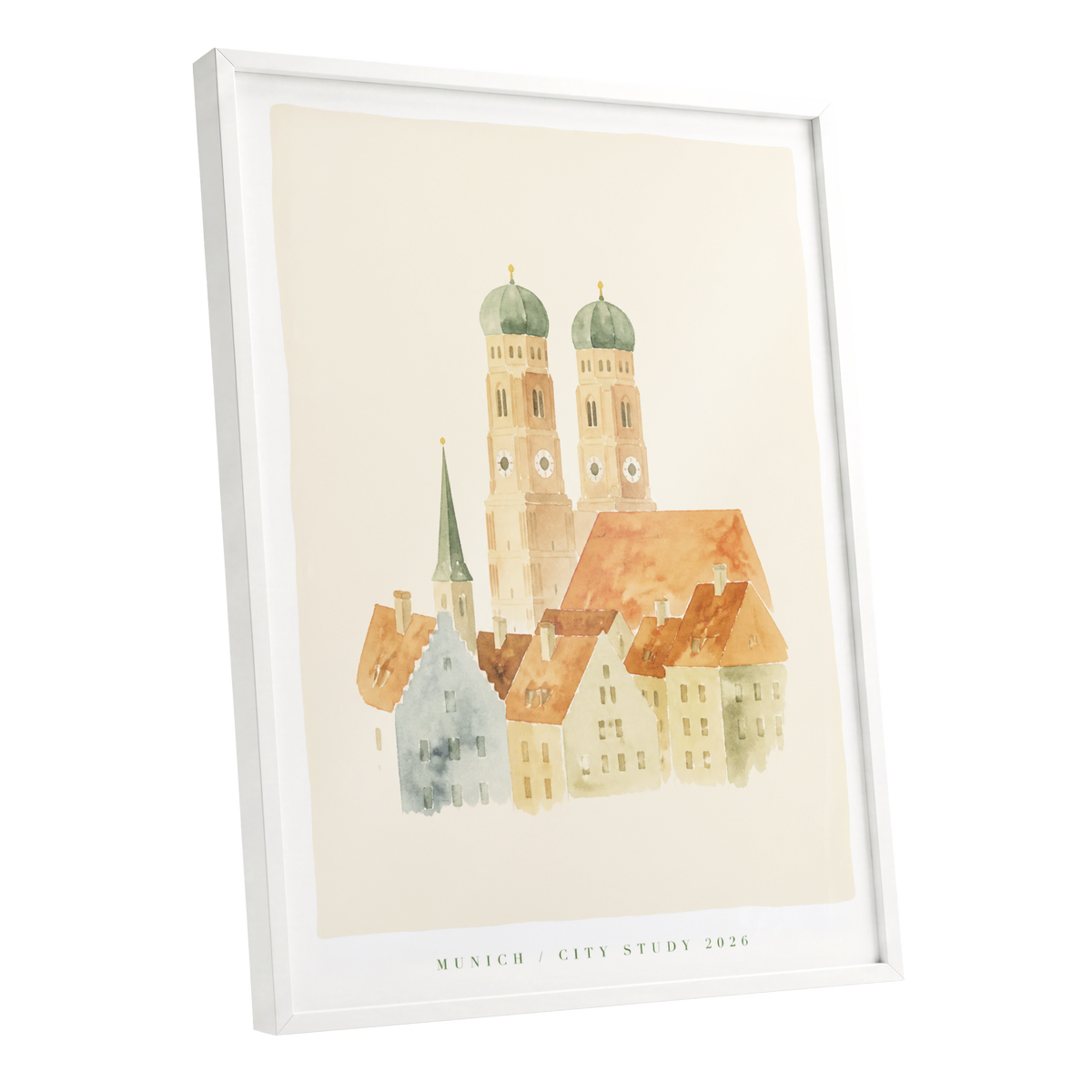 Munich in Soft Light, beige, orange, green minimalist wall art shown as a white framed poster wall art print