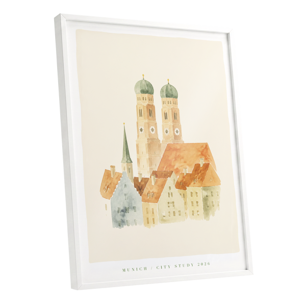 Munich in Soft Light, beige, orange, green minimalist wall art shown as a white framed poster wall art print