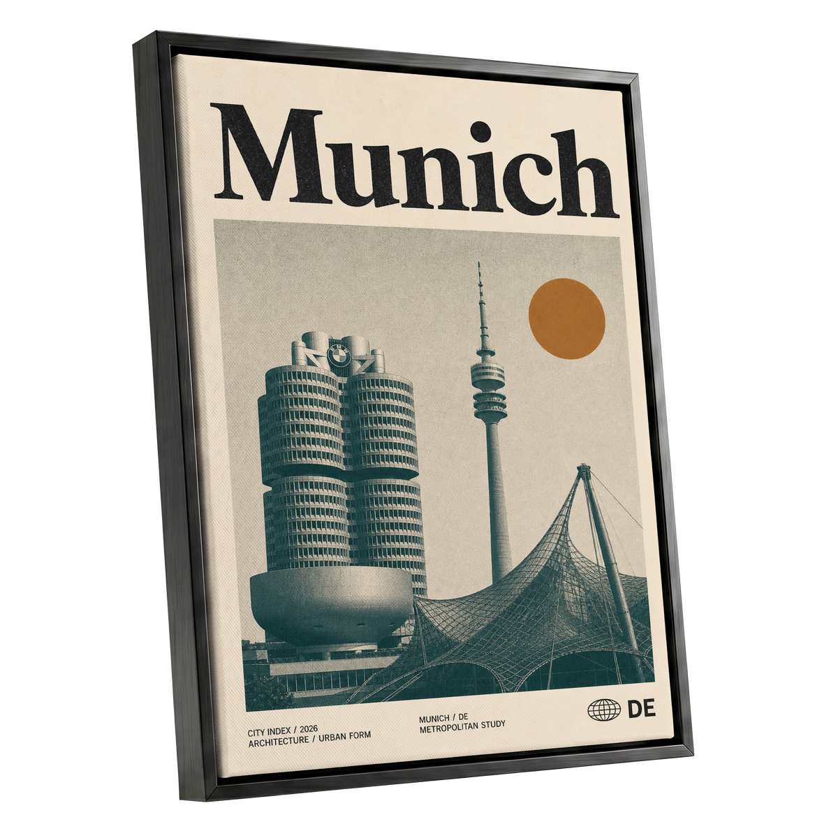 Munich Modernist Index, black, beige, orange minimalist wall art shown as a black framed canvas wall art