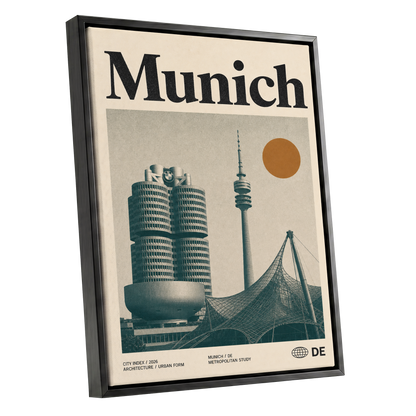 Munich Modernist Index, black, beige, orange minimalist wall art shown as a black framed canvas wall art