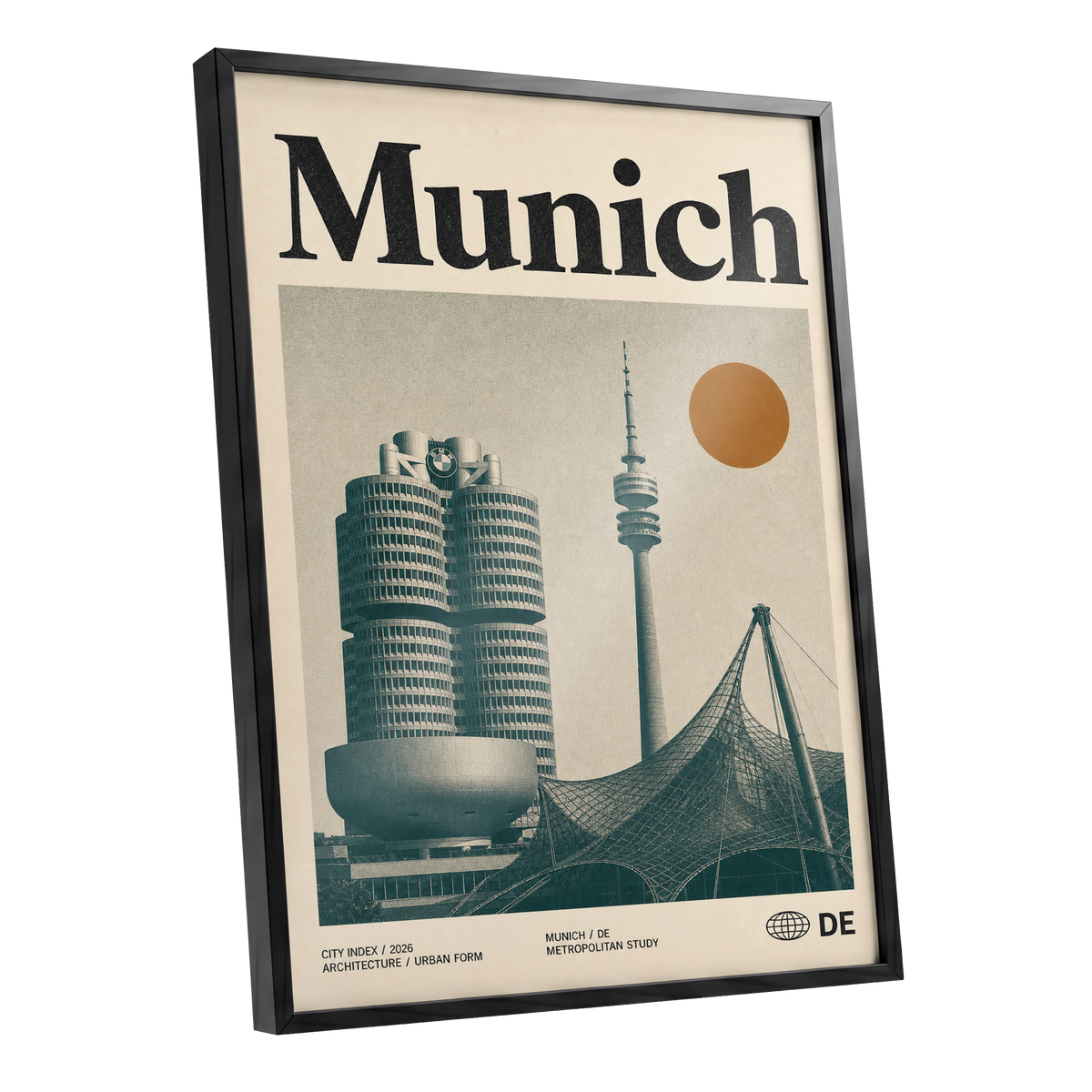 Munich Modernist Index, black, beige, orange minimalist wall art shown as a black framed poster wall art print