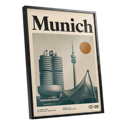 Munich Modernist Index, black, beige, orange minimalist wall art shown as a black framed poster wall art print